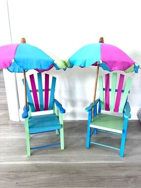 Doll Size Colorful Wood Beach Chair W Umbrella For 15” Bitty Baby Twins